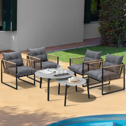 6PCS Outdoor Patio Set with Rattan Chairs & Grey & White Coffee Table for Garden