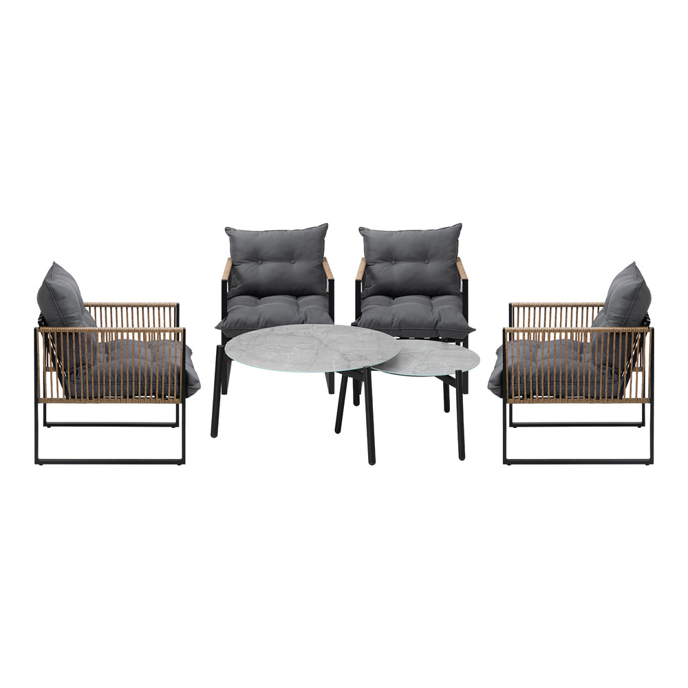 6PCS Outdoor Patio Set with Rattan Chairs & Grey & White Coffee Table for Garden