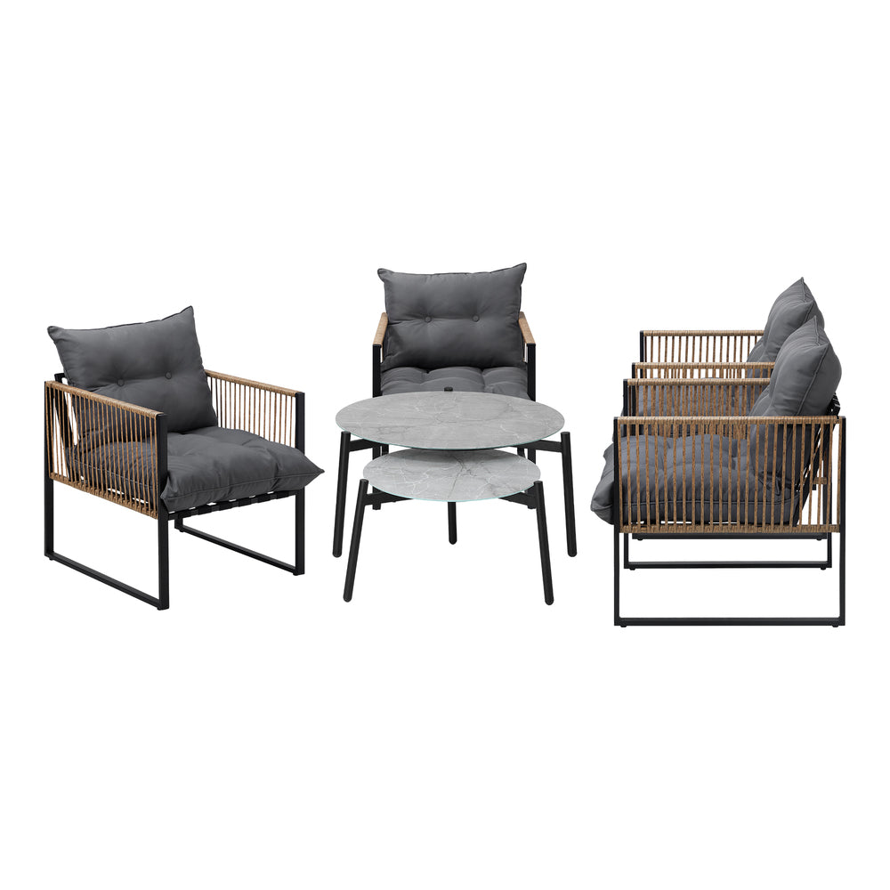 6PCS Outdoor Patio Set with Rattan Chairs & Grey & White Coffee Table for Garden
