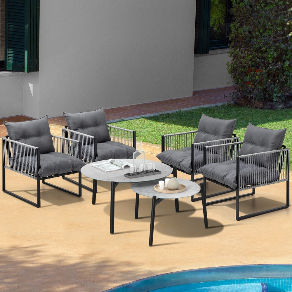 6PCS Outdoor Patio Set Grey &White Coffee Table Set Lounge Chairs