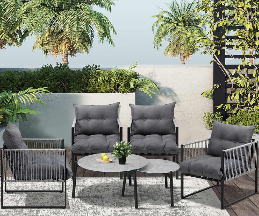 6PCS Outdoor Patio Set Grey &White Coffee Table Set Lounge Chairs