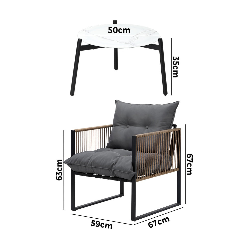 3PCS Outdoor Patio Set 50cm & 70cm Coffee Table Rattan Chairs