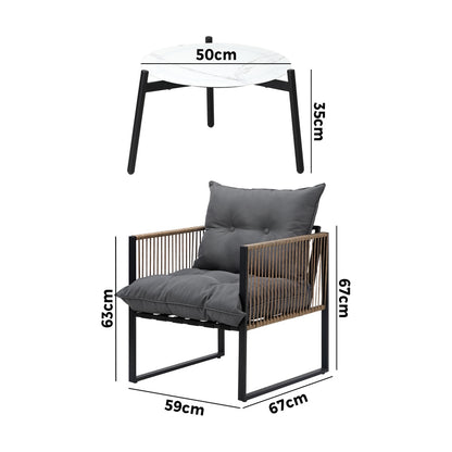 3PCS Outdoor Patio Set 50cm & 70cm Coffee Table Rattan Chairs