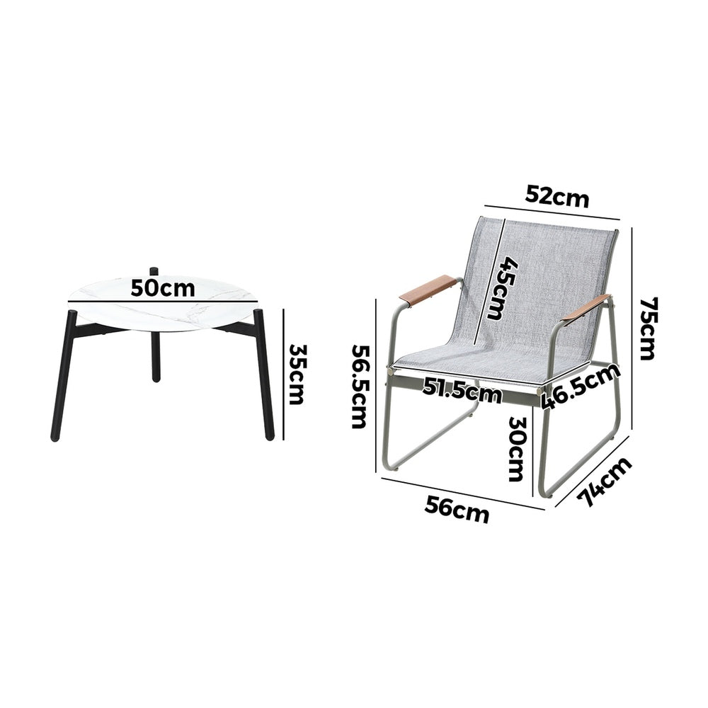 3PCS Outdoor Bistro Set Patio Chair 70cm Grey & WhiteTable Textilene