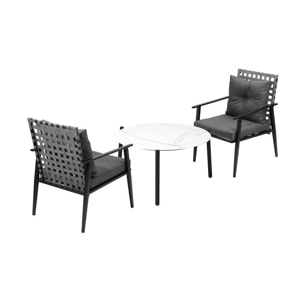 3PC Outdoor Patio Set 70CM Grey Marble Table Rattan Chairs