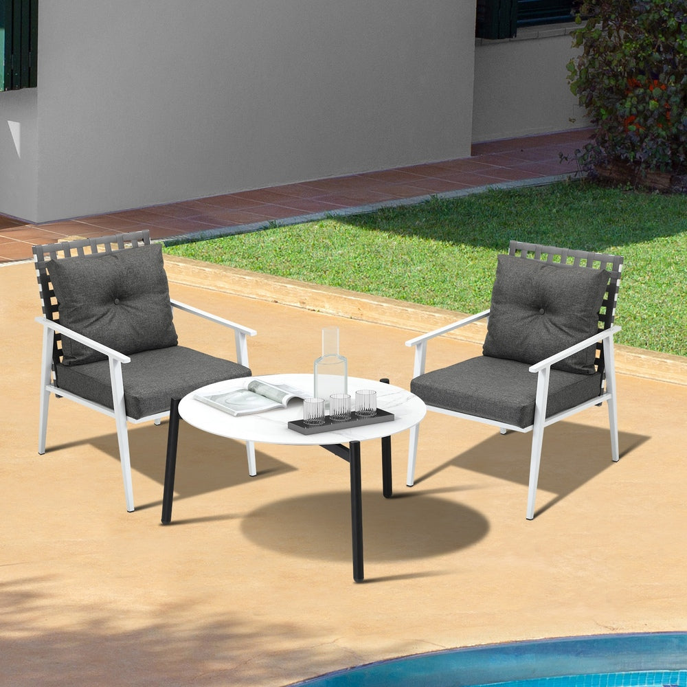 3pc Outdoor Lounge Sets 70CM Grey & White Round Table Rattan Chairs