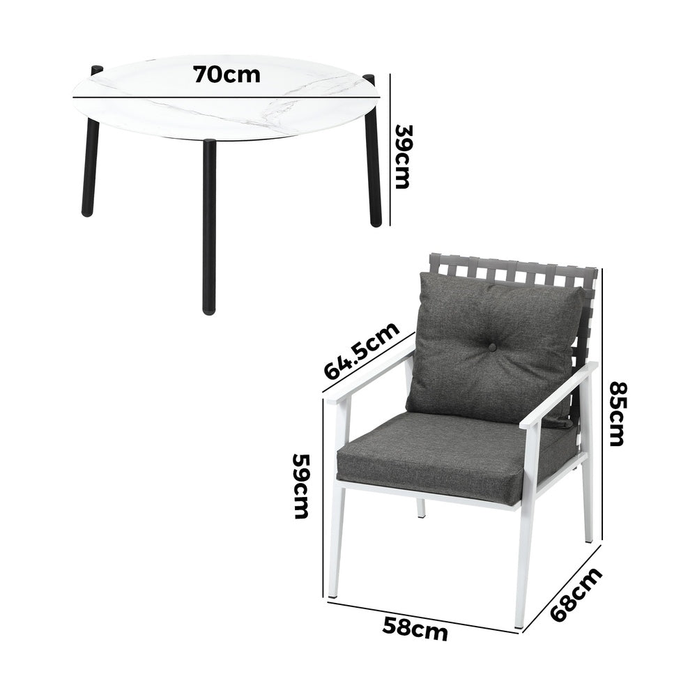 3pc Outdoor Lounge Sets 70CM Grey & White Round Table Rattan Chairs