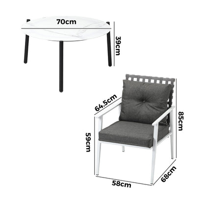 3pc Outdoor Lounge Sets 70CM Grey & White Round Table Rattan Chairs