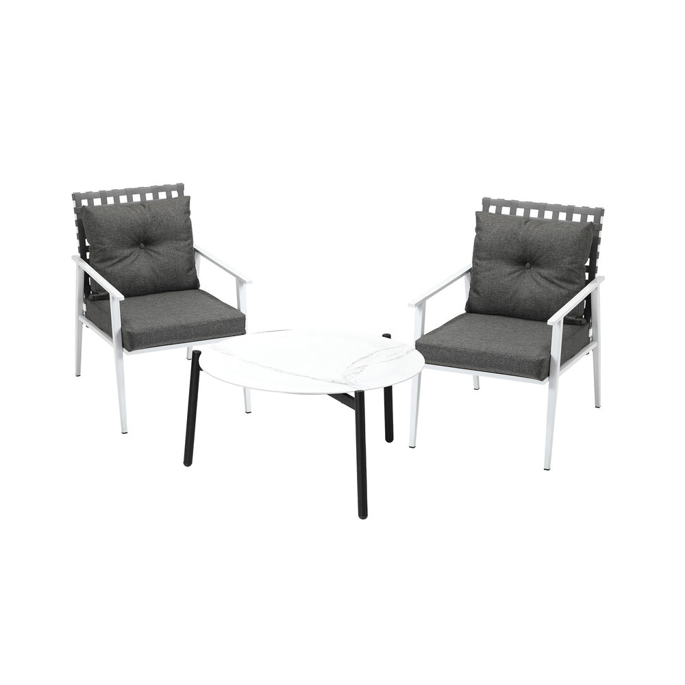 3pc Outdoor Lounge Sets 70CM Grey & White Round Table Rattan Chairs