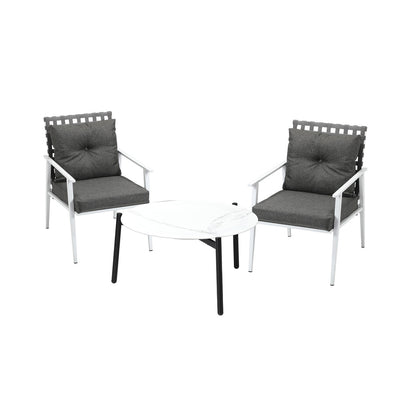 3pc Outdoor Lounge Sets 70CM Grey & White Round Table Rattan Chairs