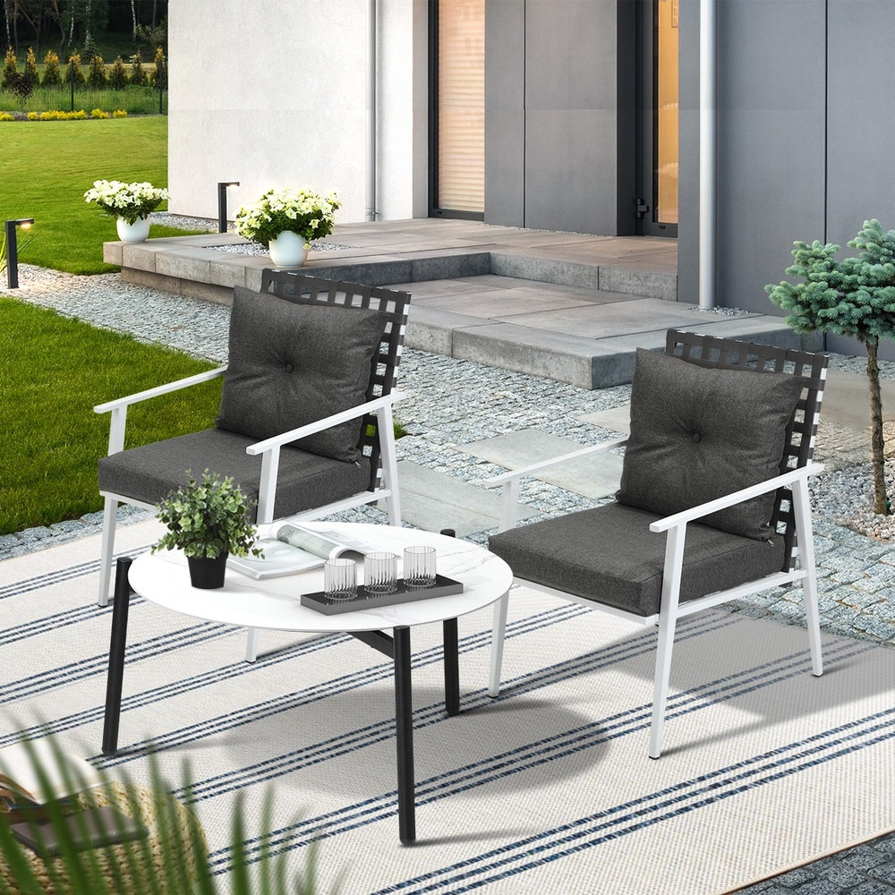 3pc Outdoor Lounge Sets 70CM Grey & White Round Table Rattan Chairs