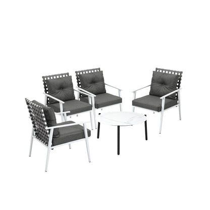 5pc Outdoor Patio Set 70CM Grey Marble Table Rattan Chairs