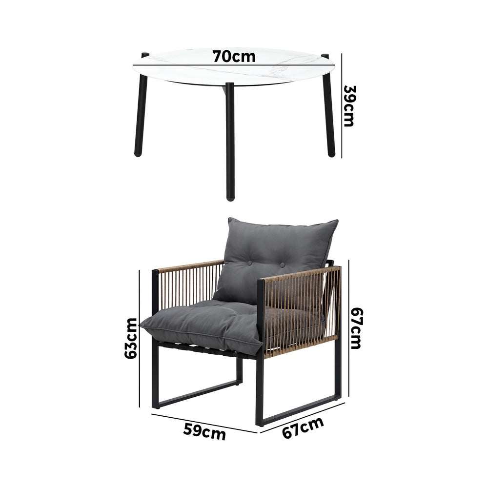 3PCS Outdoor Patio Set 50cm & 70cm Coffee Table Rattan Chairs