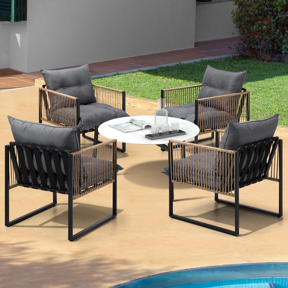 5PCS Outdoor Patio Set with White & Grey Rattan Chairs & 70cm Coffee Table Garden