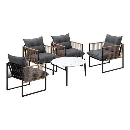 5PCS Outdoor Patio Set with White & Grey Rattan Chairs & 70cm Coffee Table Garden