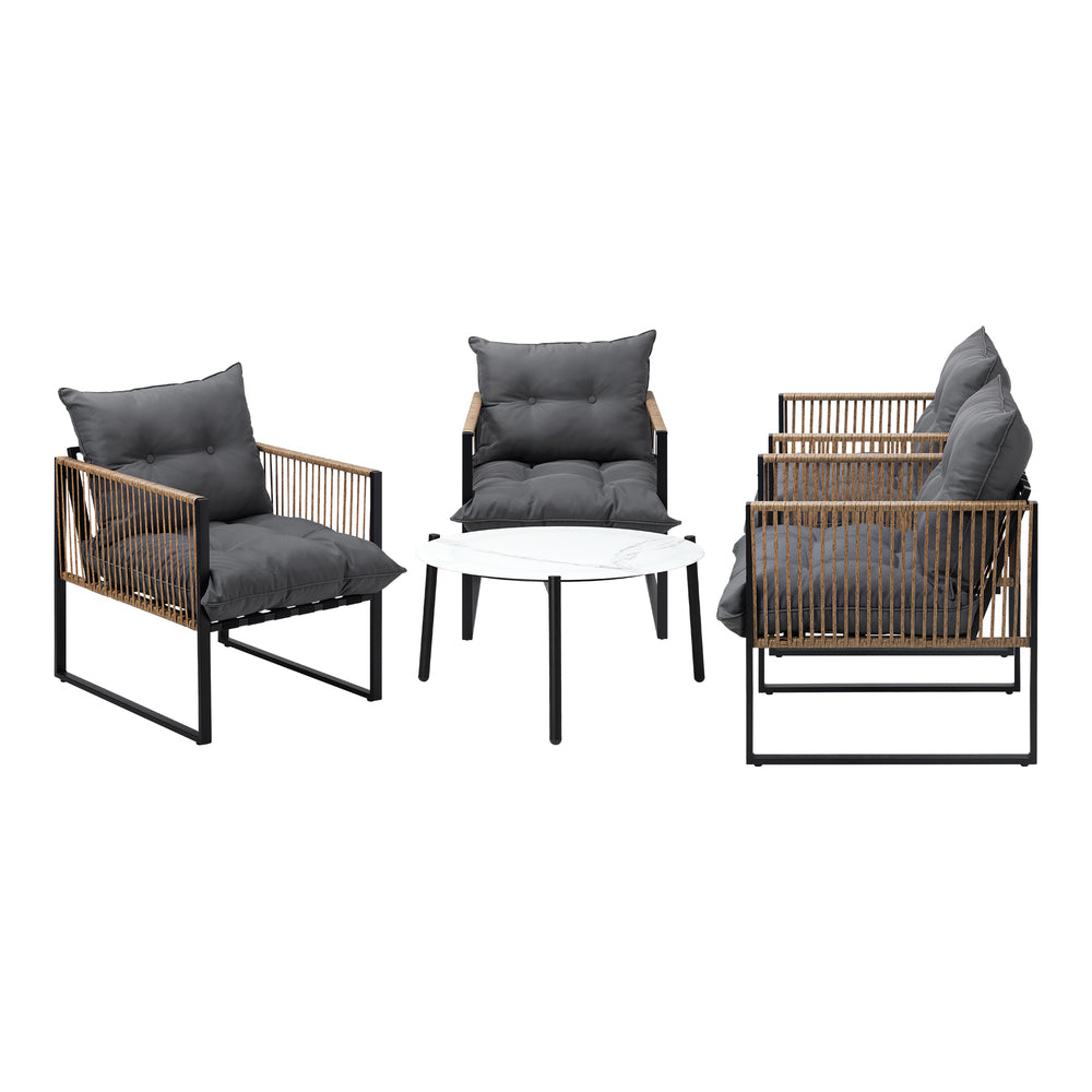 5PCS Outdoor Patio Set with White & Grey Rattan Chairs & 70cm Coffee Table Garden