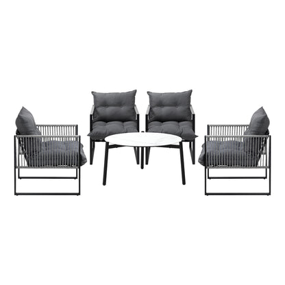 5PCS Outdoor Patio Set Grey & White 70cm Table Cushioned Armchairs