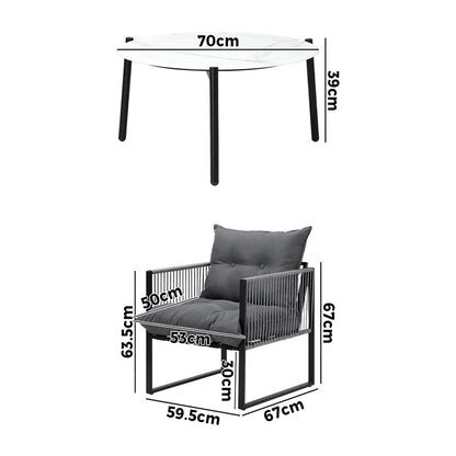 5PCS Outdoor Patio Set Grey & White 70cm Table Cushioned Armchairs