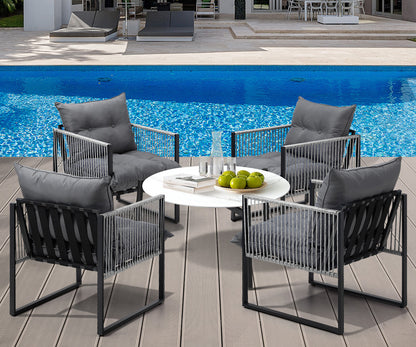 5PCS Outdoor Patio Set Grey & White 70cm Table Cushioned Armchairs