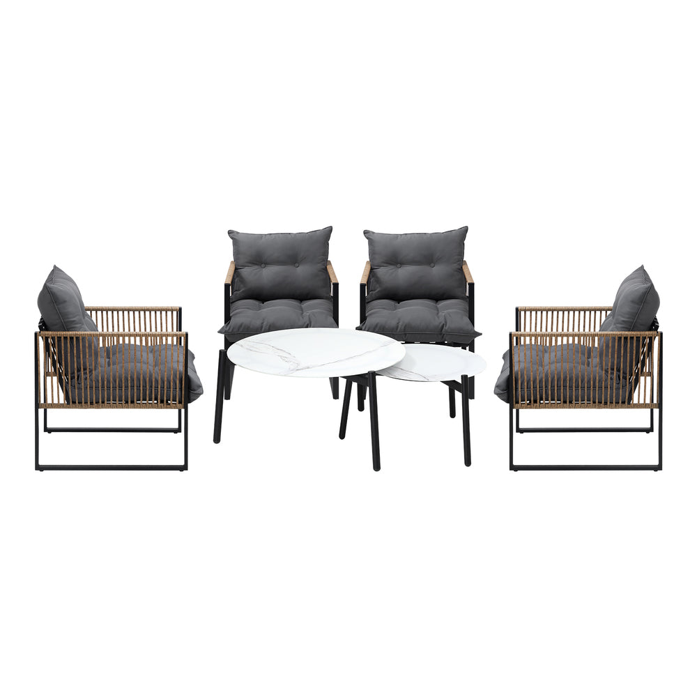 6PCS Outdoor Patio Set with Rattan Chairs & Grey & White Coffee Table for Garden
