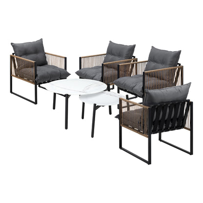 6PCS Outdoor Patio Set with Rattan Chairs & Grey & White Coffee Table for Garden