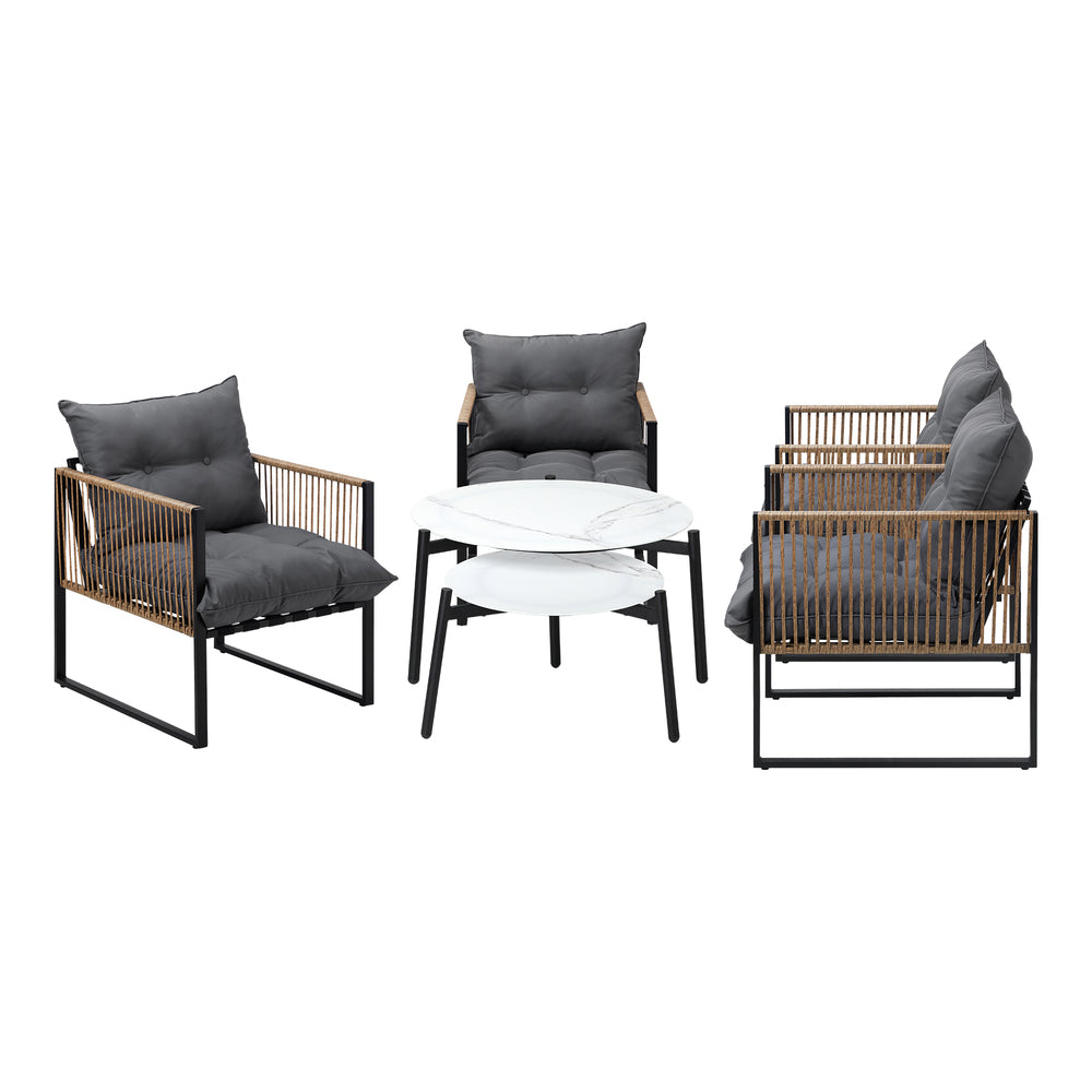 6PCS Outdoor Patio Set with Rattan Chairs & Grey & White Coffee Table for Garden