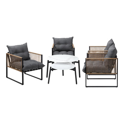 6PCS Outdoor Patio Set with Rattan Chairs & Grey & White Coffee Table for Garden