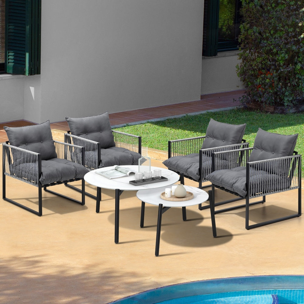 6PCS Outdoor Patio Set Grey &White Coffee Table Set Lounge Chairs