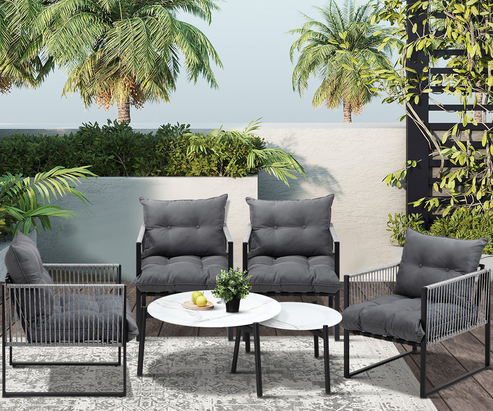 6PCS Outdoor Patio Set Grey &White Coffee Table Set Lounge Chairs