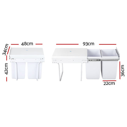 Pull Out Bin Kitchen Double Basket 2X20L White