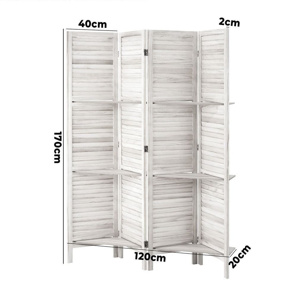 4 Panel Room Divider With Shelves Timber Wooden Natural