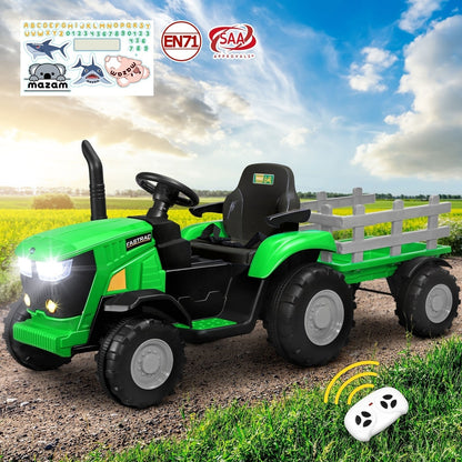 XL Kids Ride On Tractor 12V with Trailer Remote Green