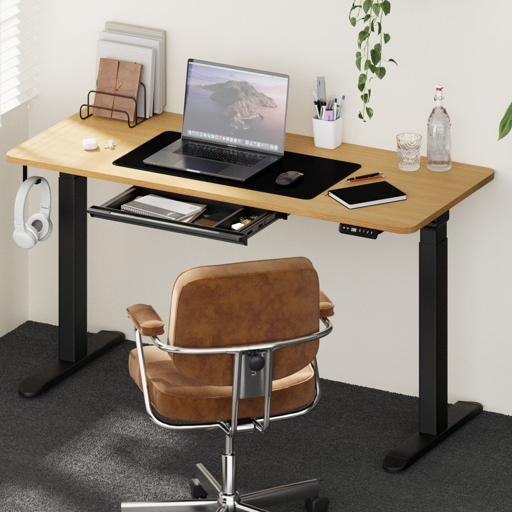 150cm Electric Standing Desk with Drawer Adjustable Black & White Oak