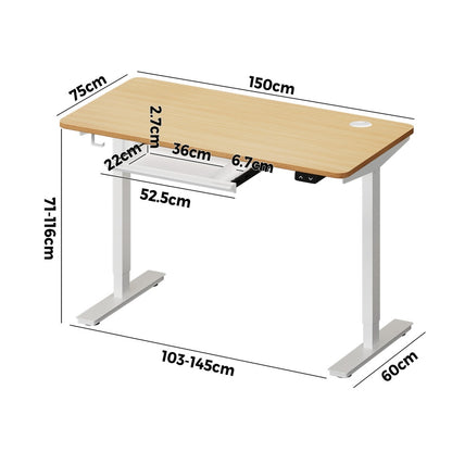 160cm Electric Standing Desk with Drawer Adjustable White Oak