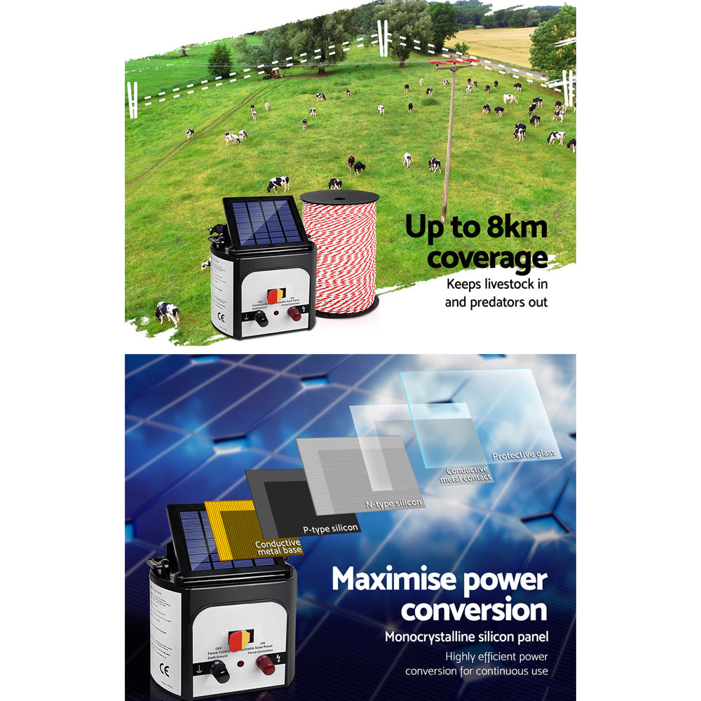 Fence Energiser 8Km Solar Powered Electric 500M Poly Rope