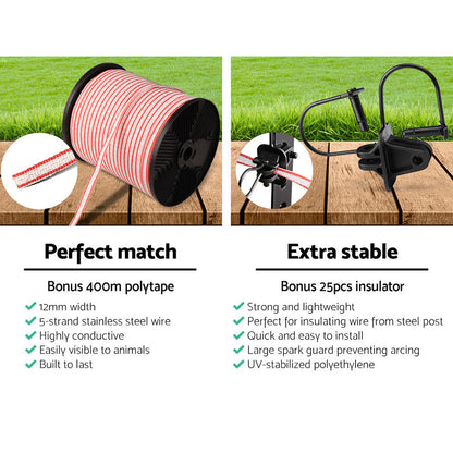 Fence Energiser 8Km Solar Powered Electric 400M Poly Tape Insulator