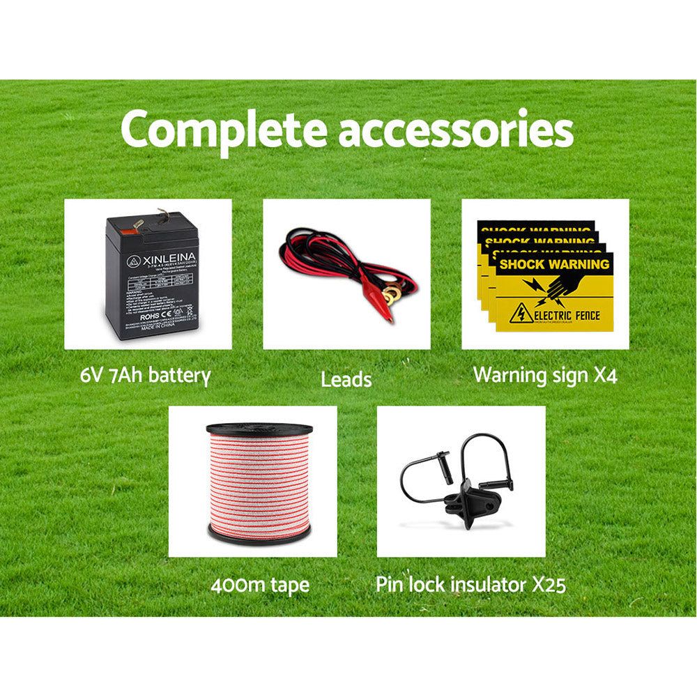 Fence Energiser 8Km Solar Powered Electric 400M Poly Tape Insulator