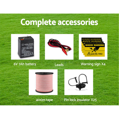 Fence Energiser 8Km Solar Powered Electric 400M Poly Tape Insulator