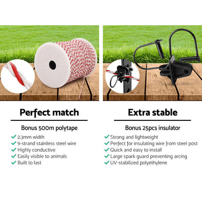Fence Energiser 8Km Solar Powered Electric 500M Poly Wire Insulator