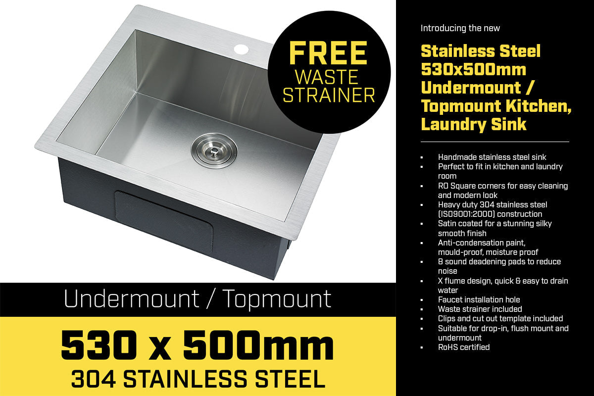 304 Stainless Steel Undermount Topmount Kitchen Laundry Sink - 530 x 500mm