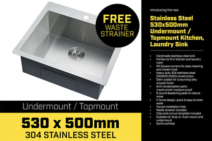 304 Stainless Steel Undermount Topmount Kitchen Laundry Sink - 530 x 500mm