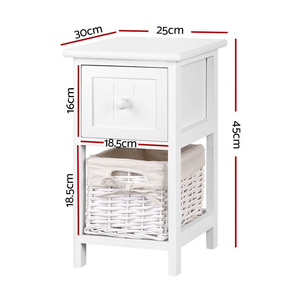 Bedside Table 1 Drawer With Basket Rustic White X2