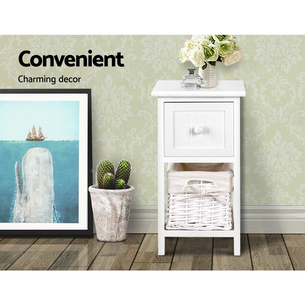 Bedside Table 1 Drawer With Basket Rustic White X2
