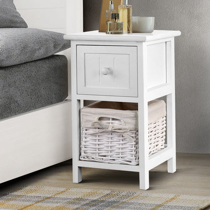 Bedside Table 1 Drawer With Basket Rustic White X2