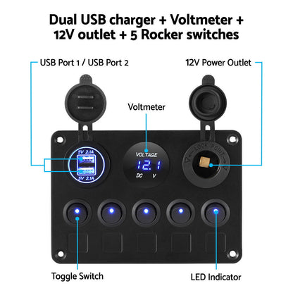  12V Switch Panel For Car Boat Marine USB ON-OFF LED Rocker Toggle