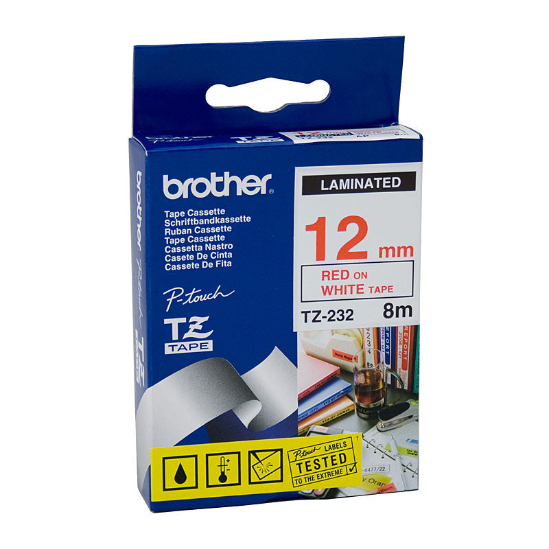 Tze232 Labelling Tape 12Mm Red On White Tze Tape
