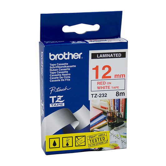 Tze232 Labelling Tape 12Mm Red On White Tze Tape