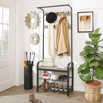 Greige and Black Steel Freestanding Coat Rack Stand with Removable Hooks