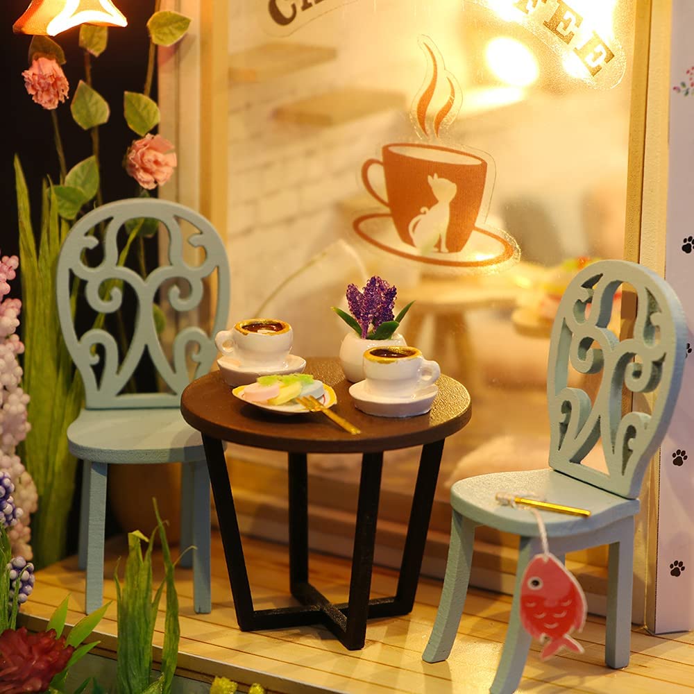 Dollhouse Miniature With Furniture Kit, Dust Proof, Music - Cat Coffee