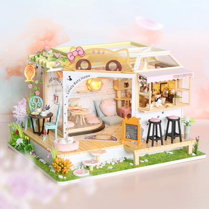 Dollhouse Miniature With Furniture Kit, Dust Proof, Music - Cat Coffee